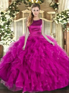 Deluxe Fuchsia Sleeveless Floor Length Ruffles Lace Up Ball Gown Prom Dress