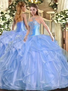 Organza Sweetheart Sleeveless Lace Up Beading and Ruffles Ball Gown Prom Dress in Baby Blue