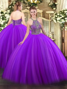 Purple Ball Gowns Tulle Halter Top Sleeveless Beading Floor Length Lace Up Quinceanera Dresses