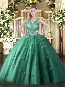 Dark Green Tulle Lace Up Quinceanera Gown Sleeveless Floor Length Beading and Appliques