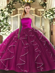 Strapless Sleeveless Lace Up Quince Ball Gowns Fuchsia Tulle