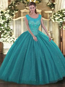 Teal Backless Scoop Beading Sweet 16 Quinceanera Dress Tulle and Sequined Sleeveless