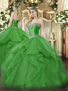 Best Green Lace Up Ball Gown Prom Dress Beading and Ruffles Sleeveless Floor Length
