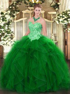 New Arrival Floor Length Green Sweet 16 Quinceanera Dress Organza Sleeveless Appliques and Ruffles