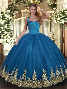 Blue Halter Top Lace Up Appliques 15th Birthday Dress Sleeveless