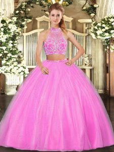Elegant Hot Pink Quince Ball Gowns Military Ball and Sweet 16 and Quinceanera with Beading Halter Top Sleeveless Criss C