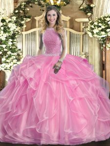 Floor Length Lace Up Quinceanera Dresses Rose Pink for Military Ball and Sweet 16 and Quinceanera with Beading and Ruffl