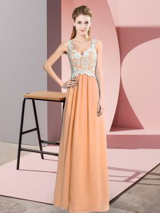 Trendy Peach Evening Dress Prom and Party with Lace V-neck Sleeveless Zipper