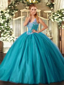 Decent Straps Sleeveless Lace Up Quinceanera Gowns Teal Tulle