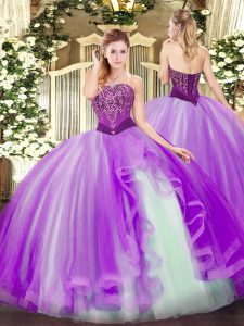 Adorable Beading and Ruffles Sweet 16 Dress Lavender Lace Up Sleeveless Floor Length
