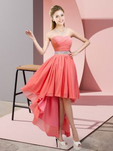Sophisticated Sweetheart Sleeveless Prom Dresses High Low Beading Watermelon Red Chiffon