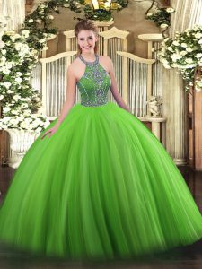 Trendy Green Ball Gowns Tulle Halter Top Sleeveless Beading Floor Length Lace Up Vestidos de Quinceanera