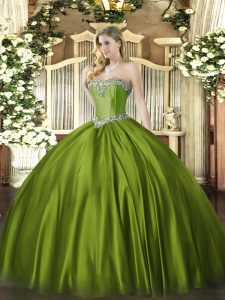 Romantic Olive Green Ball Gowns Sweetheart Sleeveless Satin Floor Length Lace Up Beading Sweet 16 Dress