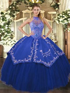 Classical Floor Length Blue Sweet 16 Quinceanera Dress Halter Top Sleeveless Lace Up