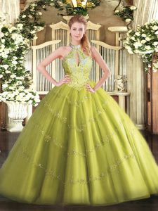 Discount Sleeveless Tulle Floor Length Lace Up 15 Quinceanera Dress in Yellow Green with Beading
