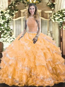 Dramatic Orange Ball Gowns Beading and Ruffled Layers Quinceanera Gown Lace Up Organza Sleeveless Floor Length