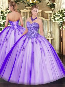 Lavender Sweetheart Lace Up Appliques Quince Ball Gowns Sleeveless