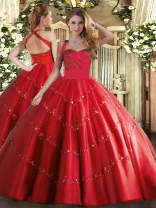 Tulle Halter Top Sleeveless Lace Up Appliques Quinceanera Dresses in Red