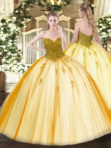 Glamorous Gold Tulle Lace Up Sweetheart Sleeveless Floor Length Sweet 16 Quinceanera Dress Beading