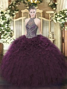 Dynamic Sleeveless Floor Length Beading and Ruffles Lace Up Ball Gown Prom Dress with Dark Purple