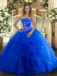 Vintage Blue Ball Gowns Beading and Ruffles Quinceanera Gown Lace Up Tulle Sleeveless Floor Length