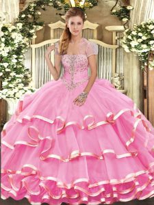 Fabulous Floor Length Lace Up Ball Gown Prom Dress Rose Pink for Military Ball and Sweet 16 and Quinceanera with Appliqu