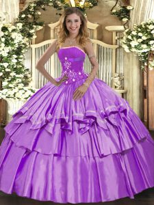 Strapless Sleeveless Sweet 16 Dress Floor Length Beading and Ruffled Layers Lavender Organza and Taffeta