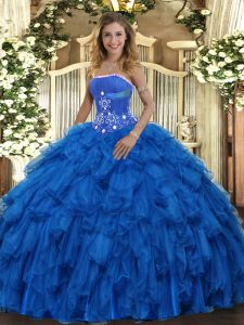 Royal Blue Ball Gowns Beading and Ruffles 15th Birthday Dress Lace Up Organza Sleeveless Floor Length