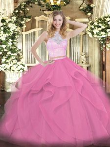 Pretty Rose Pink Zipper Sweet 16 Dresses Lace and Ruffles Sleeveless Floor Length