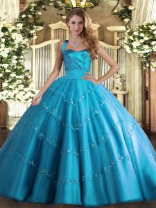 Elegant Baby Blue Lace Up Quinceanera Dress Appliques Sleeveless Floor Length