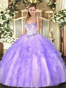 Best Selling Sleeveless Floor Length Beading and Ruffles Lace Up Quinceanera Gown with Lavender