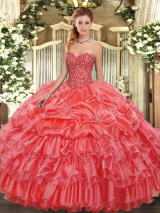 Attractive Coral Red Sleeveless Beading and Ruffles and Pick Ups Floor Length Quince Ball Gowns