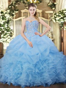 Aqua Blue Ball Gowns Organza Sweetheart Sleeveless Beading and Ruffles and Pick Ups Floor Length Lace Up Quince Ball Gow