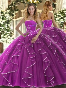 Strapless Sleeveless Ball Gown Prom Dress Floor Length Beading and Ruffles Fuchsia Tulle