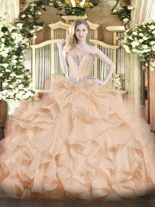 High End Peach Ball Gowns Sweetheart Sleeveless Organza Floor Length Lace Up Beading and Ruffles Sweet 16 Quinceanera Dr