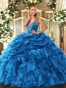 Blue Organza Lace Up 15 Quinceanera Dress Sleeveless Floor Length Beading and Ruffles and Pick Ups