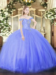 Blue Sleeveless Floor Length Beading Lace Up Sweet 16 Dress