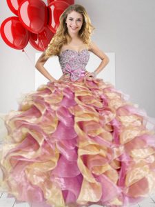 Custom Design Sleeveless Organza Floor Length Zipper 15 Quinceanera Dress in Multi-color with Beading and Ruffles and Bo