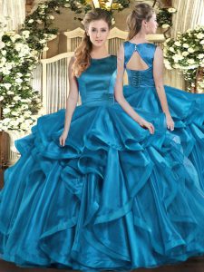 Classical Teal Organza Lace Up Quinceanera Gown Sleeveless Floor Length Ruffles