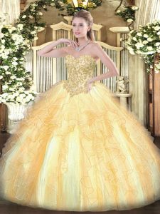 Champagne Sweetheart Neckline Appliques and Ruffles Quinceanera Gowns Sleeveless Lace Up