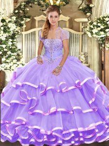 Lavender Organza Lace Up Quinceanera Gown Sleeveless Floor Length Beading and Ruffled Layers