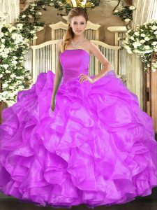 Sleeveless Organza Floor Length Lace Up 15th Birthday Dress in Lilac with Ruffles