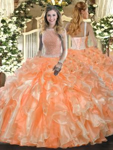 High Quality Floor Length Orange Red Sweet 16 Quinceanera Dress High-neck Sleeveless Lace Up