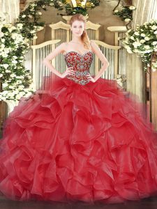 Clearance Coral Red Quince Ball Gowns Military Ball and Sweet 16 and Quinceanera with Beading Sweetheart Sleeveless Lace