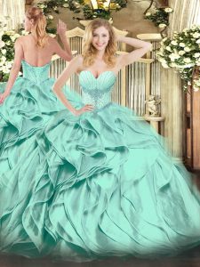 Shining Beading and Ruffles Quinceanera Gowns Turquoise Lace Up Sleeveless Floor Length