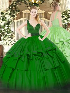 Discount Green Sweet 16 Quinceanera Dress Military Ball and Sweet 16 and Quinceanera with Beading and Ruffled Layers Str