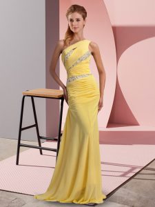 Luxurious Floor Length Yellow Prom Evening Gown One Shoulder Sleeveless Sweep Train Lace Up