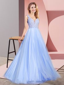 New Style Lace Dress for Prom Light Blue Zipper Sleeveless Floor Length