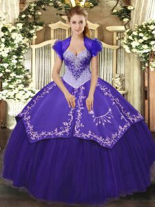 Satin and Tulle Sweetheart Sleeveless Lace Up Beading and Embroidery Quinceanera Dresses in Purple