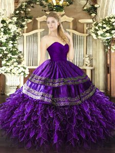 High Quality Purple Ball Gowns Sweetheart Sleeveless Organza and Taffeta Floor Length Zipper Embroidery and Ruffles Swee